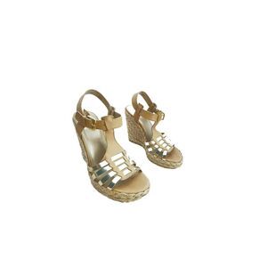 Stuart Weitzman Espadrilles Wedge Heels 5.5M Tan Gold Leather T-Strap Huarache